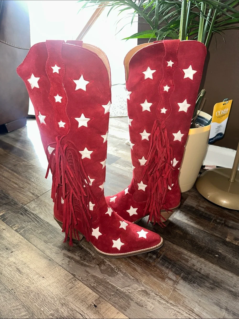 Red Suede Over-the-Knee Star Embroidered Boots with Fringe